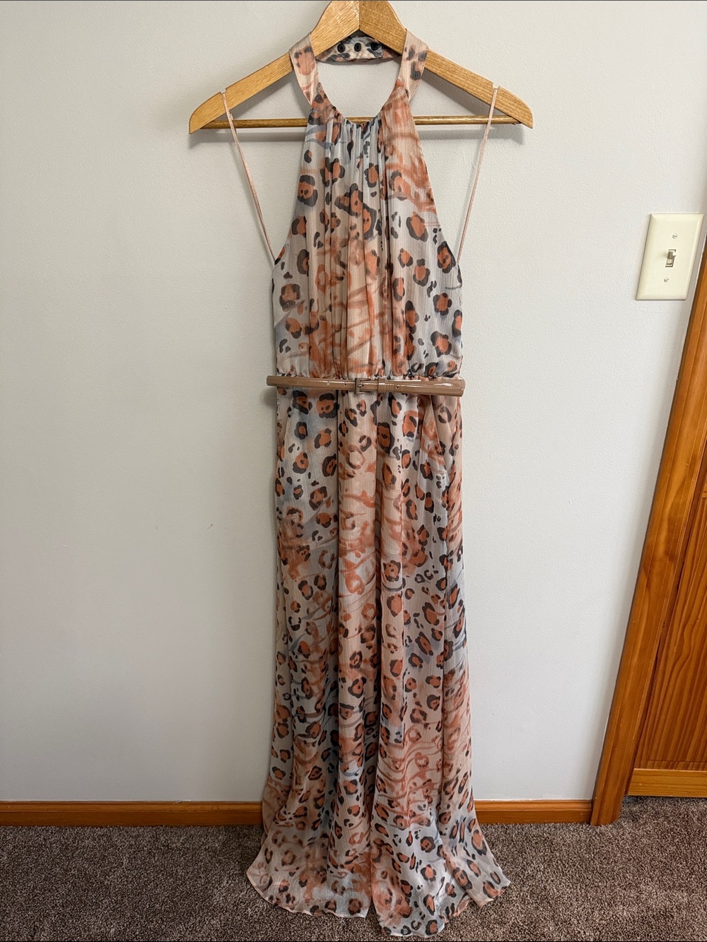 Jessica Simpson Sleeveless Halter Leopard-Print Maxi Dress in Beige and Rust